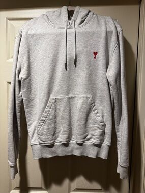 AMI Gray Hoodie with Small Red Heart Logo - Men's Pullover Sweatshirt